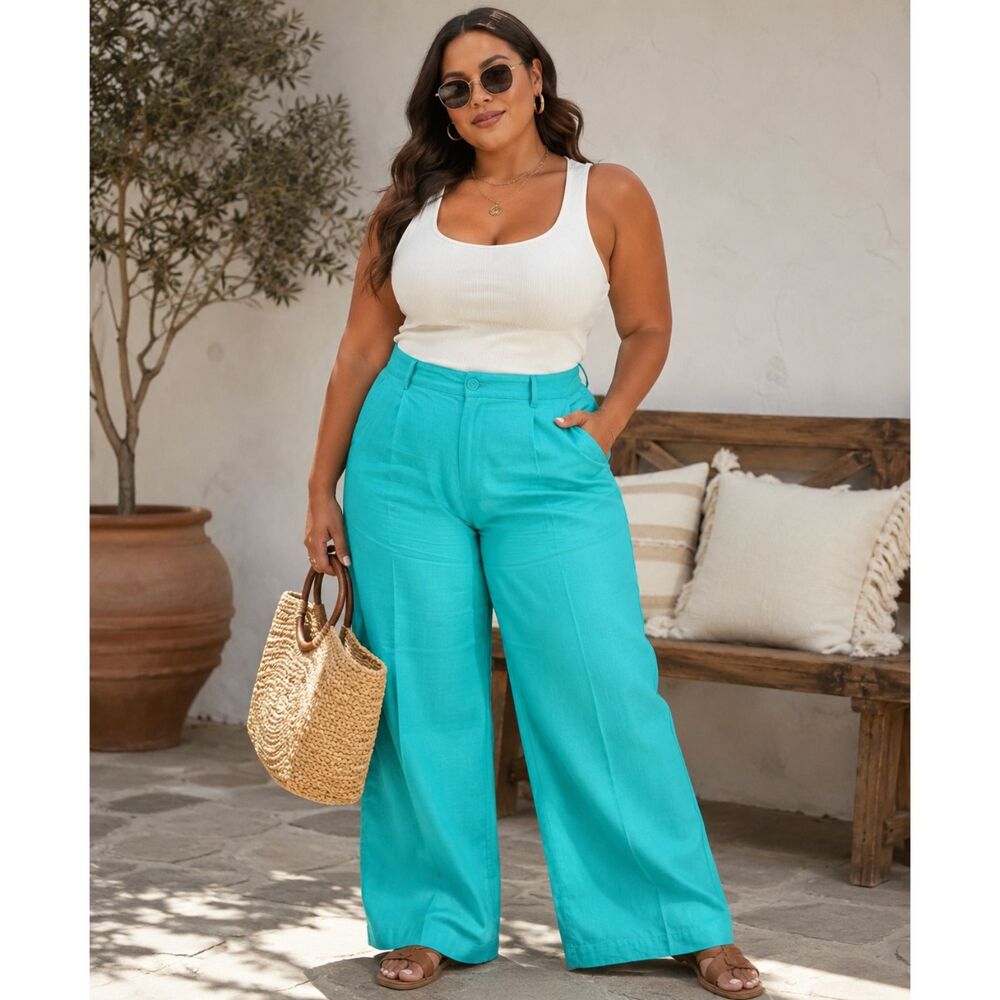 Ashley Stewart 18W Turquoise Linen Blend Wide Leg Pants High Rise
